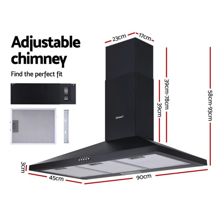 Devanti 900mm Range Hood 90cm Rangehood Black - Image 2