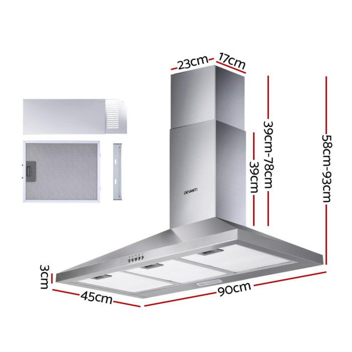 Devanti 900mm Range Hood 90cm Rangehood Stainless Steel - Image 2
