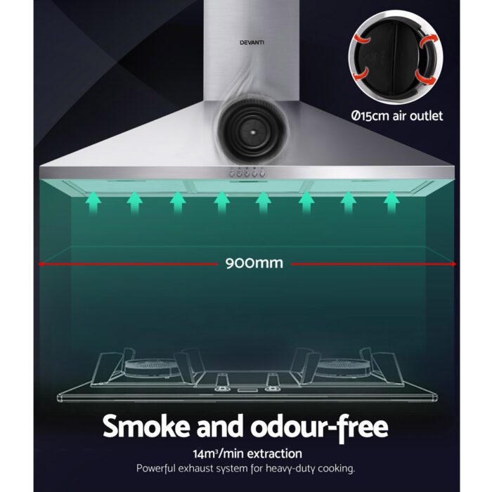 Devanti 900mm Range Hood 90cm Rangehood Stainless Steel - Image 3