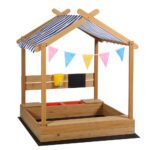 Keezi Kids Sandpit Wooden Sandbox Sand Pit with Canopy Water Basin Toys 146cm