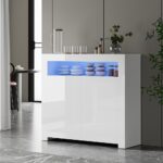 Oikiture Buffet Sideboard LED RGB High Gloss 2 Doors White - Image 6