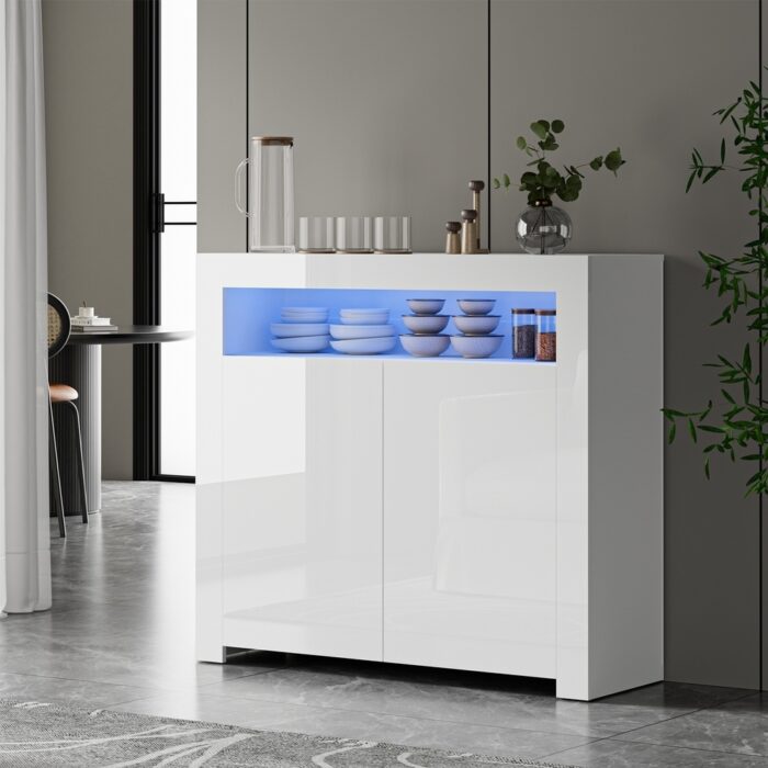 Oikiture Buffet Sideboard LED RGB High Gloss 2 Doors White - Image 6