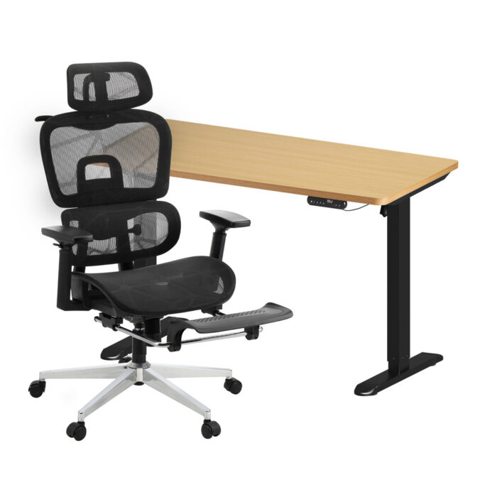 Oikiture Office Desk and Chair Set Mesh Ergonomic Chair Sit-stand Desk Black&Oak - Image 8