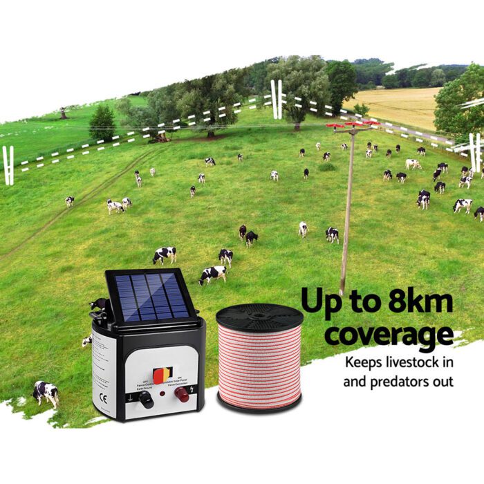 Giantz Fence Energiser 8KM Solar Powered Electric 400M Poly Tape Insulator - Image 3