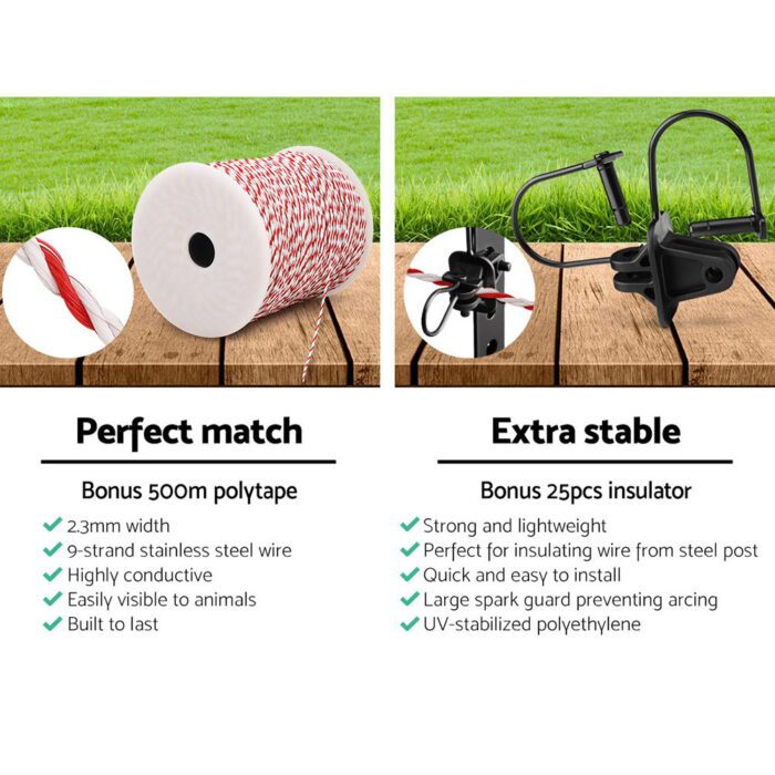Giantz Fence Energiser 3KM Solar Powered Electric 500M Poly Wire Insulator - Image 5