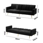 Oikiture 3-Seater Sofa Bed Velvet Black - Image 4