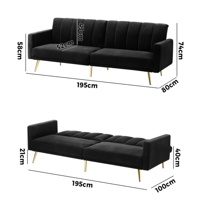Oikiture 3-Seater Sofa Bed Velvet Black - Image 4