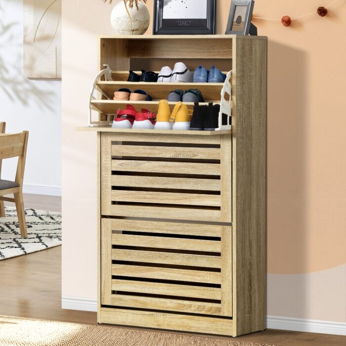 Oikiture Shoe Storage Cabinet 3 Compartments with Rows Wooden - Image 7