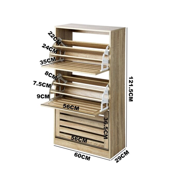 Oikiture Shoe Storage Cabinet 3 Compartments with Rows Wooden - Image 4