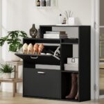 Oikiture Shoe Cabinet Storage 2 Doors with Display Shelves Black - Image 7