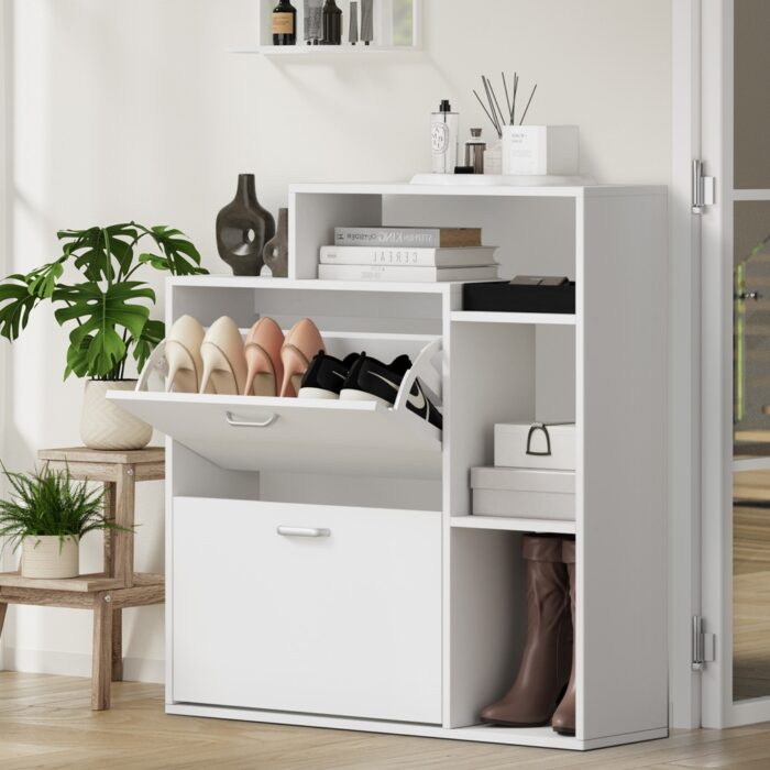 Oikiture Shoe Cabinet Storage 2 Doors with Display Shelves White - Image 7