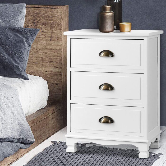 Artiss 2x Bedside Table 3 Drawers Vintage - THYME White - Image 2
