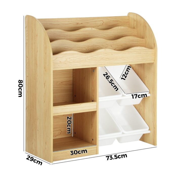 Oikiture Kids Bookshelf 4 Bins Toy Box Storage Organiser Display Shelf - Image 3
