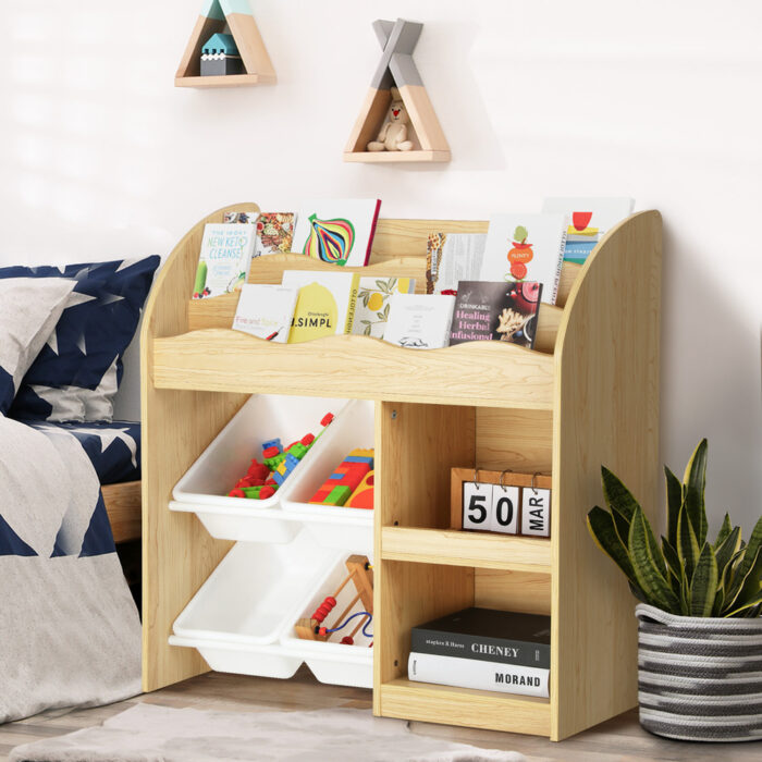 Oikiture Kids Bookshelf 4 Bins Toy Box Storage Organiser Display Shelf - Image 7