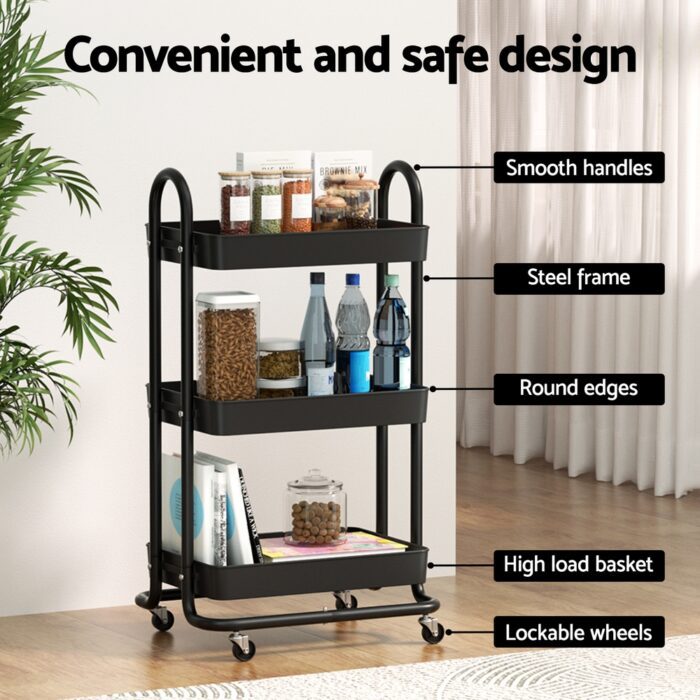 Artiss Storage Trolley Kitchen Cart 3 Tiers Rack Shelf Organiser Wheels Black - Image 5