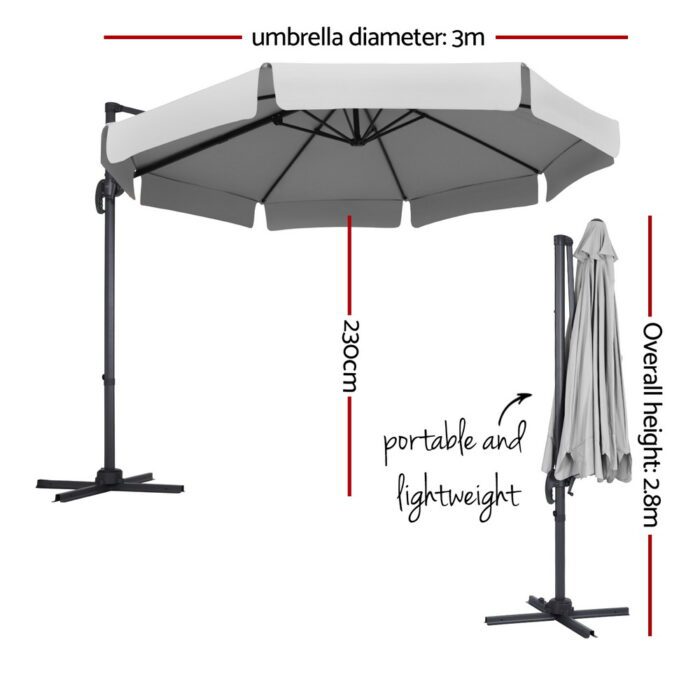 Instahut 3m Outdoor Umbrella Cantilever 360 Degree Tilt Beach Roma Grey - Image 2