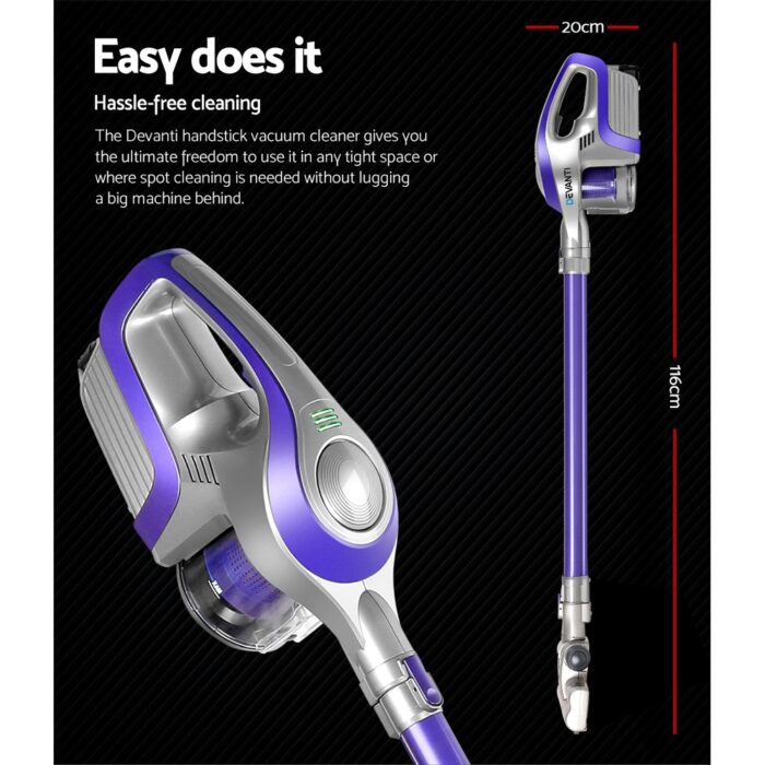 Devanti Stick Vacuum Cleaner Bagless Cordless 150W Purple - Image 2