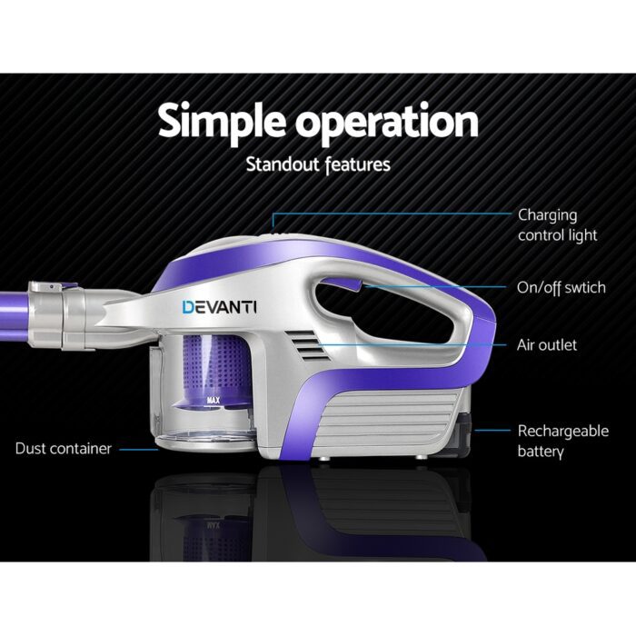 Devanti Stick Vacuum Cleaner Bagless Cordless 150W Purple - Image 4