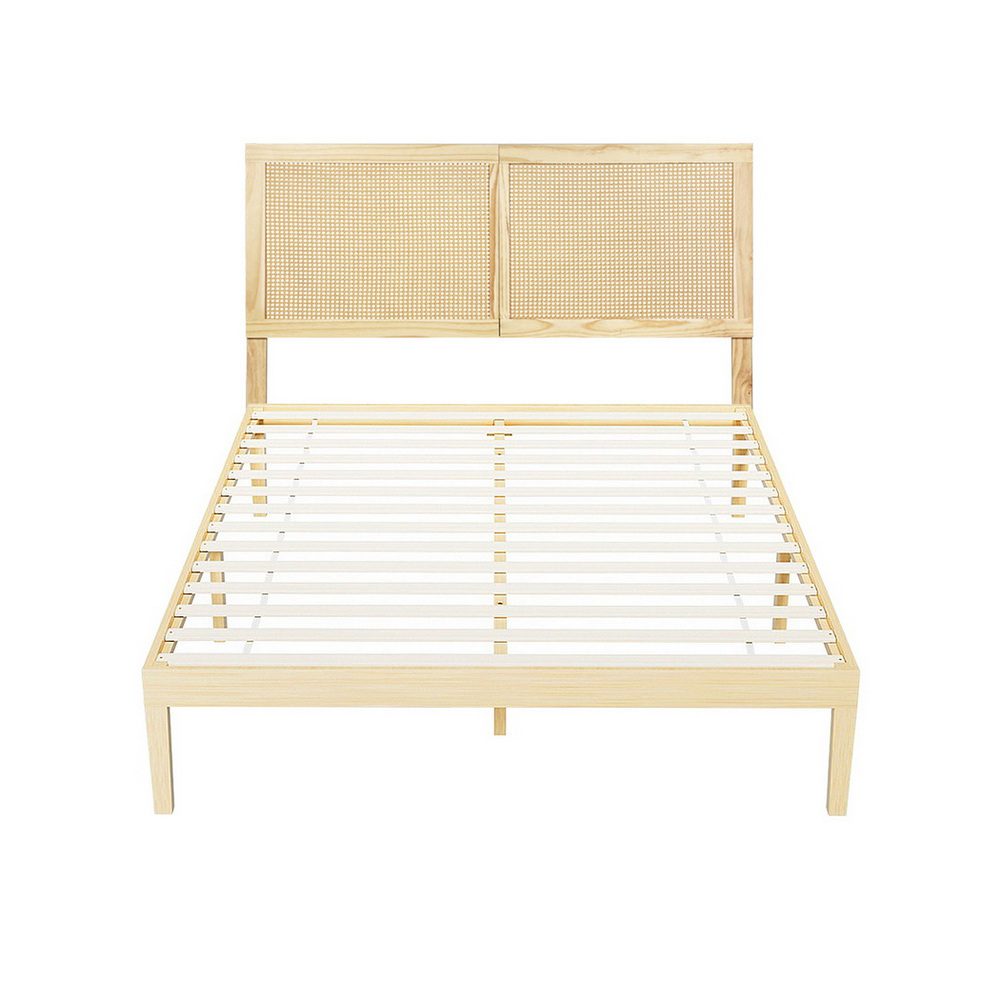 WBED-BRUNO-RIBO-Q-WD-202508212044-00 Artiss Bed Frame Queen Size with Rattan Headboard Wooden Bed Base BRUNO - Image 1