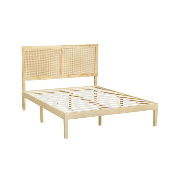 Artiss Bed Frame Queen Size with Rattan Headboard Wooden Bed Base BRUNO - Image 2